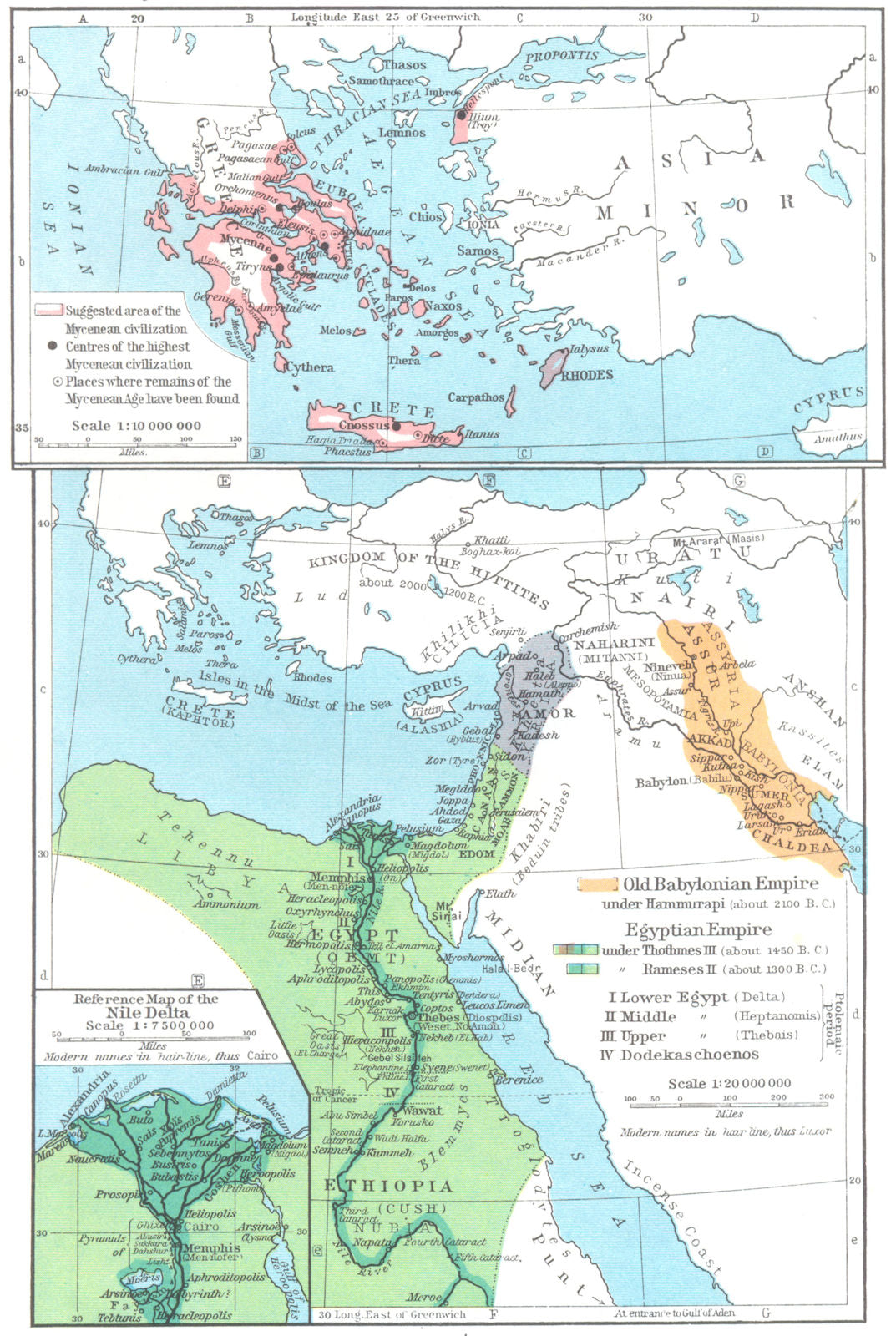MYCENEAN GREECE. Babylonian Empire Hammurapi Egyptian Thothmes Rameses 1956 map